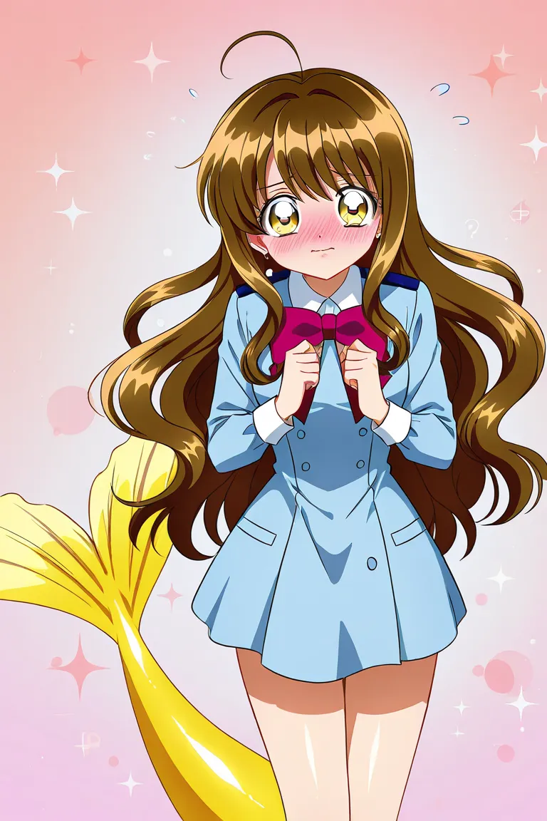 A girl that is an student. She has long wavy Brown hair with shiny golden eyes with blue dress uniform. She is confused, but blushing nervous. Kind. MERMAID MELODY art style.