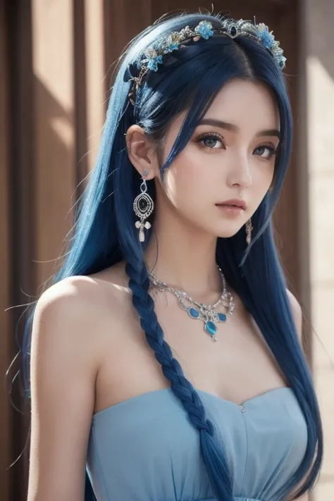  top quality , skilled,  Hair Detail ,  high resolution, (((itch))) , necklace,  hair accessories, ( beautiful faces),  blue dress,  Watch Viewers ,  Blue Hair,  is standing, （Above the waist），Medusa