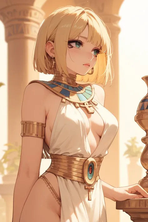 masterpiece, best quality, Egyptian style, straight short bob, blonde hair, sexy clothes, gorgeous jade-colored earrings, black makeup on the corner of eyes, Intricate Iris Details, Meticulous Eyelash Details, Captivating Eye Reflections, slightly flushed ...