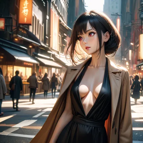 A stunning East Asian woman with long black hair, red eyes, and an alluring gaze, standing on a sunlit city street. She is wearing a stylish beige trench coat over a form-fitting black dress, with the coat slightly open, revealing her elegant silhouette. S...