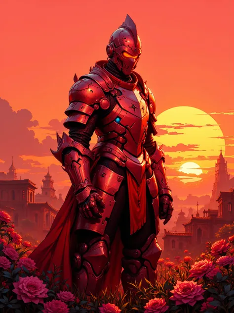 A knight stands in the foreground，His Futurism、Shiny armor in charming orange and pink Glow in the warm tones of the red sunset。 A fading light bathes the whole scene，emits a depressing golden glow，The sky is colored amber、Roses and romantic violets painte...