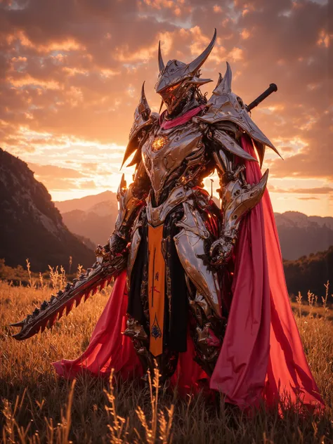 A knight stands in the foreground，His Futurism、Shiny armor in charming orange and pink Glow in the warm tones of the red sunset。 A fading light bathes the whole scene，emits a depressing golden glow，The sky is colored amber、Roses and romantic violets painte...