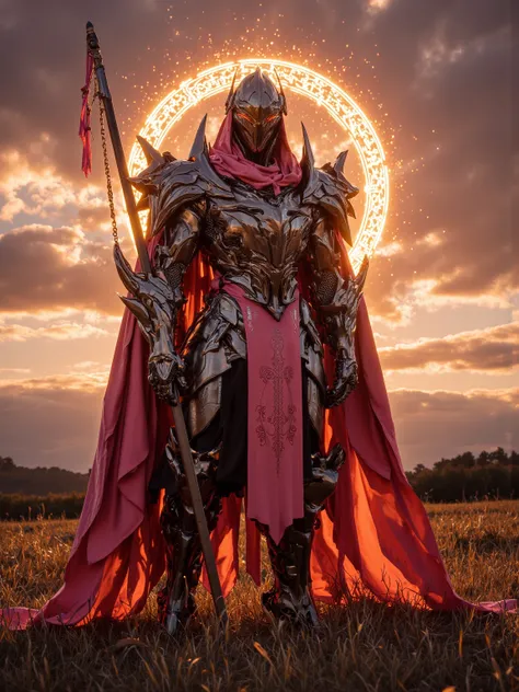 A knight stands in the foreground，His Futurism、Shiny armor in charming orange and pink Glow in the warm tones of the red sunset。 A fading light bathes the whole scene，emits a depressing golden glow，The sky is colored amber、Roses and romantic violets painte...