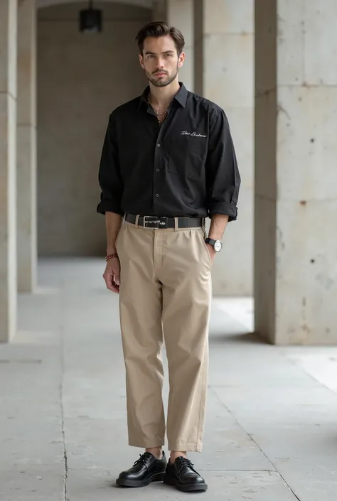 This picture shows a person wearing elegant and modern clothes. He wears a loose black shirt with small writing on the left side of the chest, and straight cut beige pants. . He also wears a black belt and a huge shiny black shoe, giving an elegant and cla...