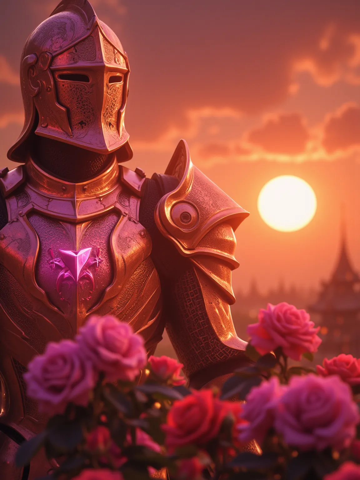 A knight stands in the foreground，His Futurism、Shiny armor in charming orange and pink Glow in the warm tones of the red sunset。 A fading light bathes the whole scene，emits a depressing golden glow，The sky is colored amber、Roses and romantic violets painte...