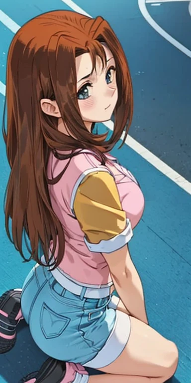     1 female, High Definition,dementia,        ultra-realistic        ,8K, serenidaddm    ,     long hair,     brown hair,         pink shirt    , blue shorts,     gray eyes, city,     blue sneakers    ,   pechos grandes,European,sexy,   Close-up of the up...