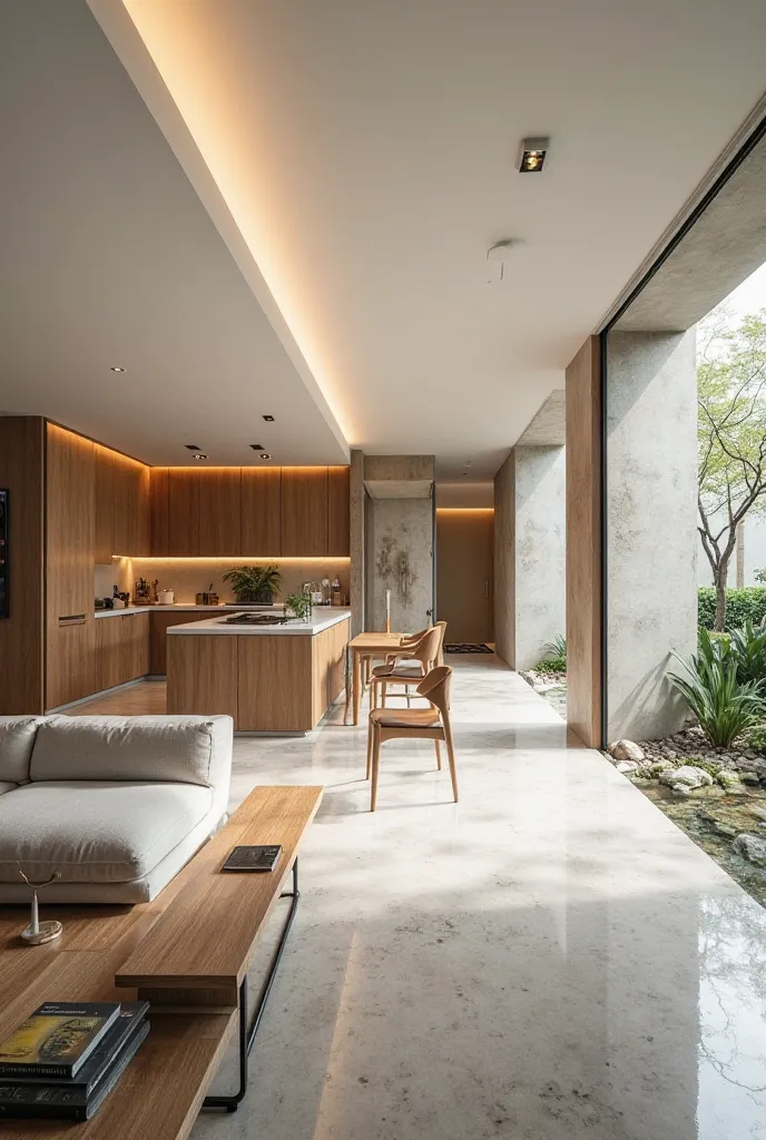 Living room furniture combined dining kitchen with streambed 1.2m entrance toilet modern luxury space, Light colors combined oak kitchen cabinet.