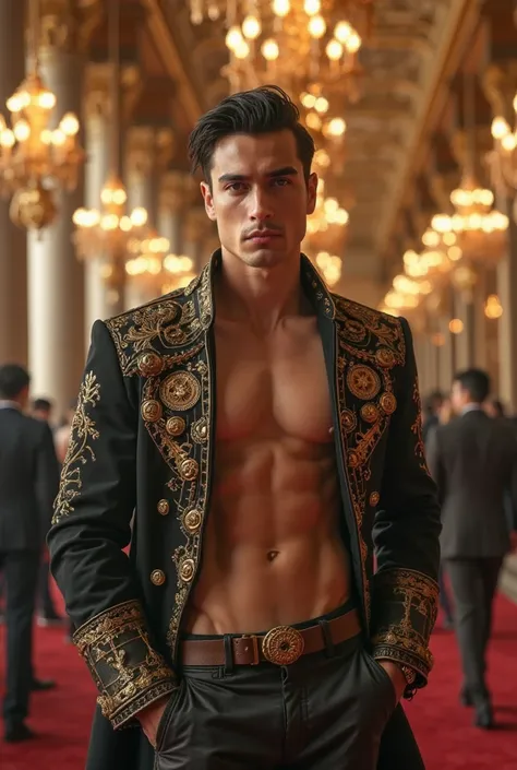 A noble steampunk in an opulent brass ballroom: In a large ballroom decorated with stately brass columns, flickering gas lights, and intricate chandeliers,  by no means , thin young man with a muscular body stands out as a bold noble. His face is finely sc...