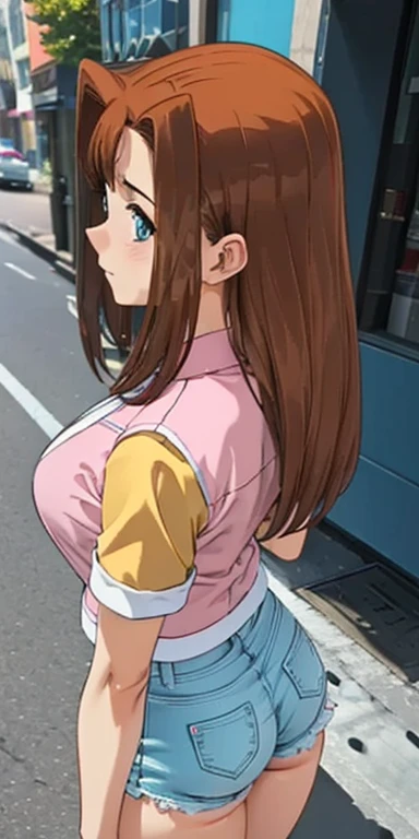     1 female, High Definition,dementia,        ultra-realistic        ,8K, serenidaddm    ,     long hair,     brown hair,         pink shirt    , blue shorts,     gray eyes, city,     blue sneakers    ,   pechos grandes,European,sexy,   Close-up of the up...