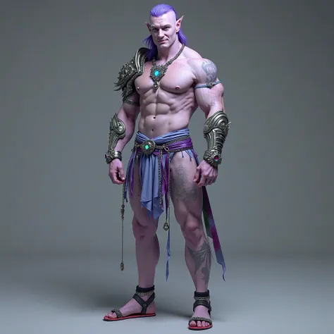 See full male body view of a extremely muscular 20 year old pale lavender skin tone young man, with a happy seductive expression on his face, a small cybernetic green tattoo on right leg only , smooth flawless unblemished skin, show head to toe, D@D male p...