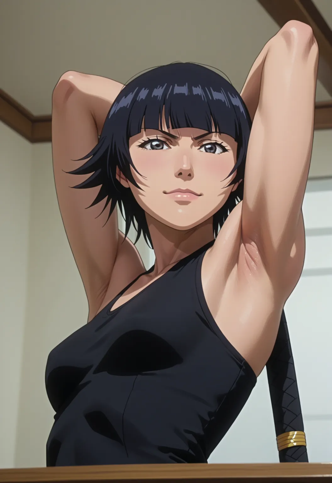 score_9, score_8_up, score_7_up, source_anime, anime screencap, 1girl, solo, soi fon, short hair, bangs, black hair, medium breasts, sleeveless, bare shoulders, bare arms, arm behind head, armpit, head towards viewer, seductive smile, closed mouth, badhand...