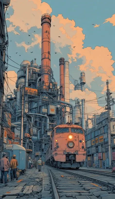 Massive Factory,Cyberpunk,mechanical,Piping,vapor,line,Railway,Tram,tackle,gear,soot,evening,Flock of birds,cloud,advertising signs line up,Talk to a dynamic microphone fixed to the ,movie poster, magazine cover ,big title ,big logo 