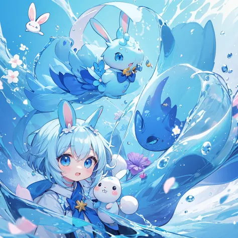  deformed、cute、A fantasy creature that came in the form of a blue rabbit、cute