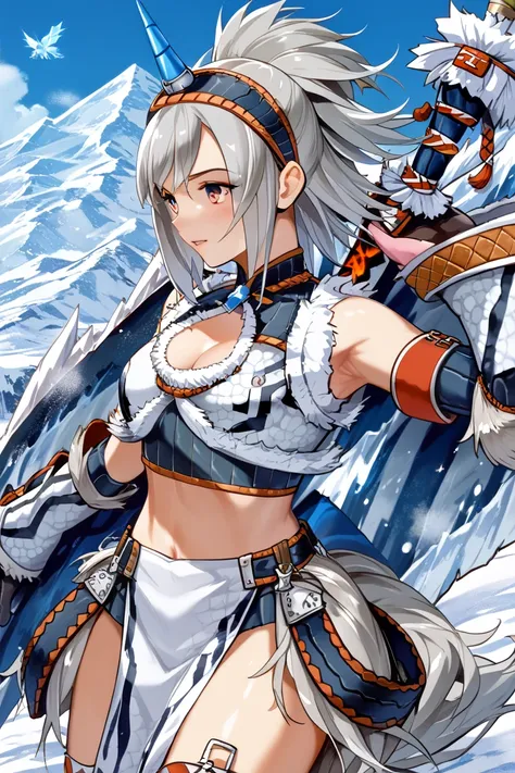 Monster Hunter、Kirin Gear、 one woman、最high quality、 masterpiece、Ultra High Definition、high quality、Gray Hair、 Snow Mountain 、I'm staring at a monster、profile、A clenched expression、Great Sword、Shao Thunder Sword【Kirin】