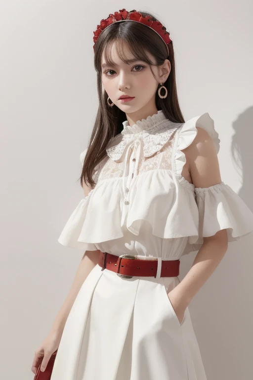  top quality , very detailed,masterpiece, ULTRA DETAIL,Alone,(Delicine eyes),(White background:1.3),red eyes, standing, belt skirt ,[trench coin:20],gem, mole_Down_eye,  in rot _in_viewer, Frilled_ headband, earrings for women with first name