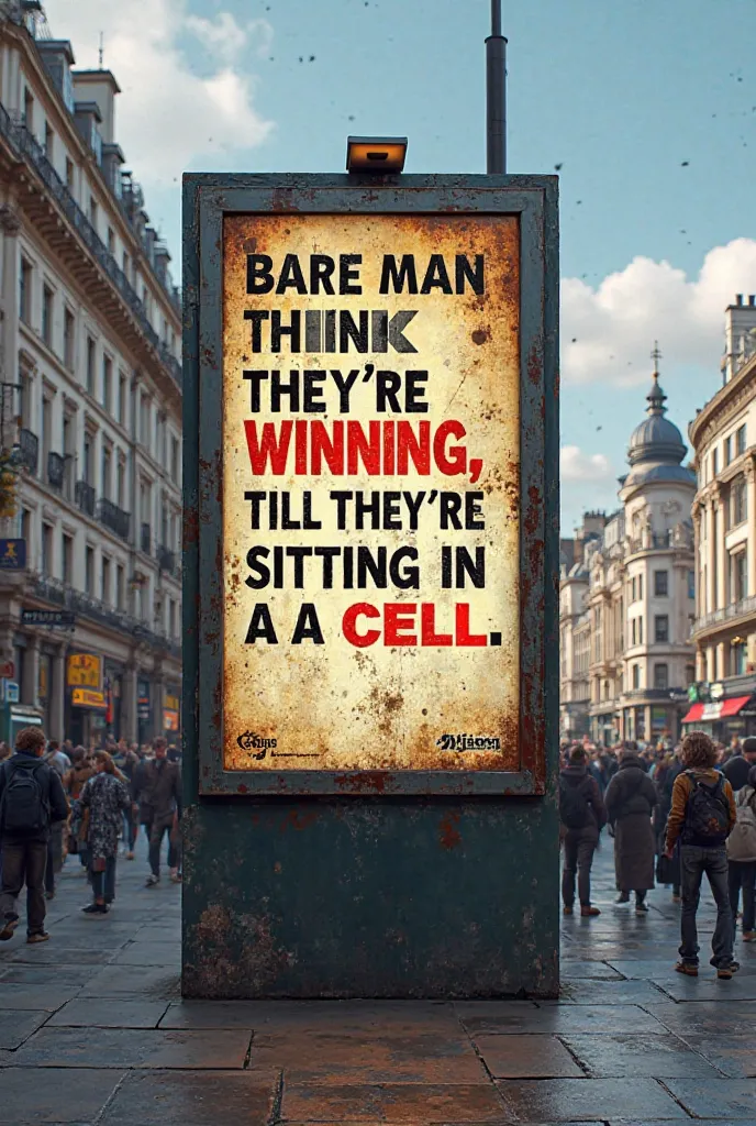 Create a realistic image of a billboard, with the qoute, Bare Man Think They’re Winning, Till They’re Sitting In A Cell written on it, in London Oxford Circus, make it very detailed.