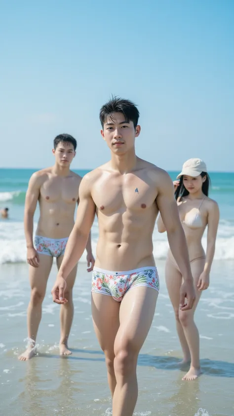 3 Asian handsome male star male high school robot with height over 185 cm playing in the water on the beach，Slim Short Hair ，Thick chest muscles ，8 abdominal muscles ，（Wakakaki's lovely face）， thin body， Shoulder width ，Narrow waist， inverted triangle body...