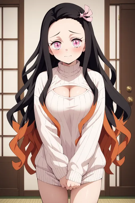 masterpiece,best quality,{{detailed beautiful face and eyes}}, very detailed background,
Nezuko Kamado,{{{megami magazine}}},long hair,multicolored hair,black hair,orange hair,slit pupils, wavy hair,forehead,pink eyes,medium breasts,
white sweater,cleavage...