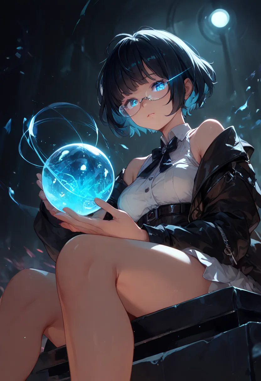 1girl, short dark hair,  shiny eyeglass lenses, sitting, Holding a glowing sphere in his hand, multiple glowing spheres revolve around, Light_from_below, glowing eye trail, 