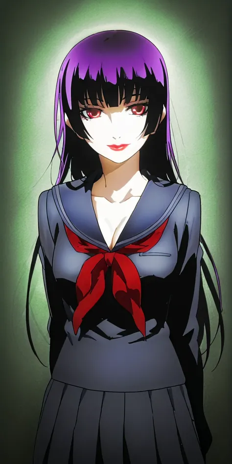 Wall stylus , movie mural, mural representatibo from the series, Girl Tasagore, purple hair , sexy red lips,  smalte,  Background a dark school, deeper than the girl another identical girl Yuuko Shadow, Beautifully sexy but wicked,  He filled in Epico, Ult...