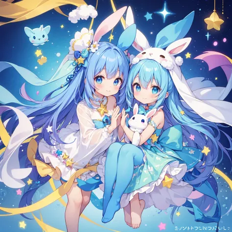 fantasy creature, cute, colorful、The hands and feet are in a lovely shape、A unique creature with a star and a blue rabbit as a motif、