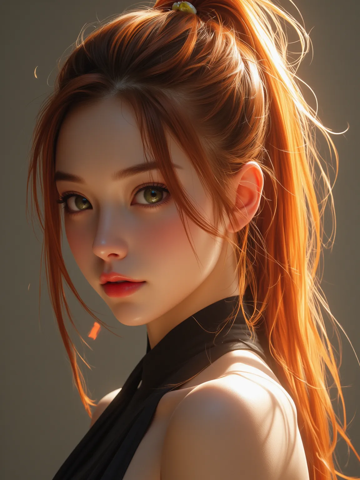 depicts a richly performing masterpiece，presents a single cute and beautiful girl，18 years old ，with a smile full of lips and dark green eyes。dark orange hair tied in a ponytail，Slightly tilted head，and brings a touch of evil emotion with bold thick dark l...