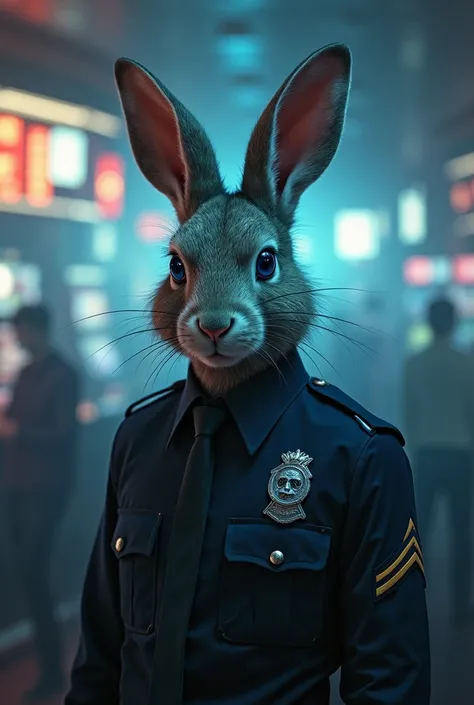  Rabbit Man,  blue eyes, blurry expression , medium greyish white disheveled hair background. He's in a casino.. 1, 75 tall.  police uniform . 26 years old