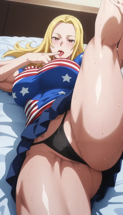 score_9, score_8_up, score_7_up, source_anime, rating_safe, intricate details, anime screencap, , official style, looking at viewer, , 1girl, solo, cathleen_bate, blonde hair, brown eyes, long hair, thick muscular thighs, curvy hips, large breast, american...