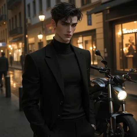 A breathtakingly handsome young Spanish man, standing with an effortlessly cool aura. He has a chiseled jawline, high cheekbones, and Deep piercing hazel with flecks of gold always looking slightly bored but intense at the same time unreadable gaze. His da...