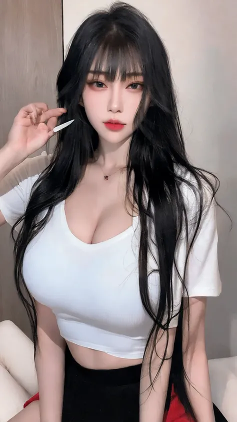 1woman, solo, korean, hottie, long black hair, black eyes, white t-shirt, red skirt, white stocking, make up, eyeliner, looking at viewer, lips, (blunt bangs), blush, standing, upper body, large breats, (big tits), dinamic poses, sexiest, perfect body, per...