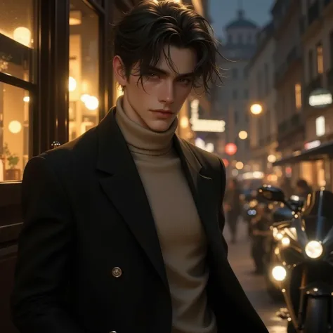 A breathtakingly handsome young Spanish man, standing with an effortlessly cool aura. He has a chiseled jawline, high cheekbones, and Deep piercing hazel with flecks of gold always looking slightly bored but intense at the same time unreadable gaze. His da...