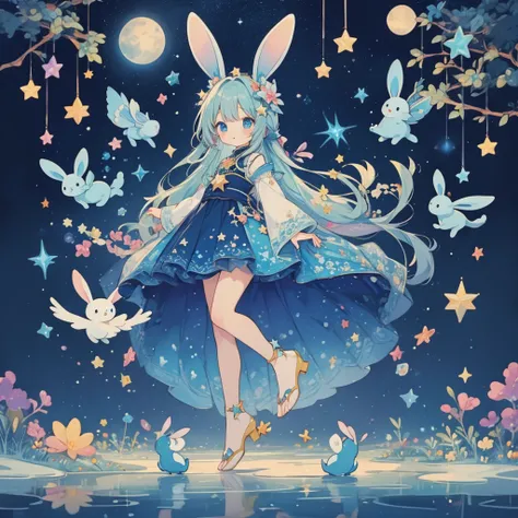 fantasy creature, cute, colorful、The hands and feet are in a lovely shape、A unique creature with a star and a blue rabbit as a motif、