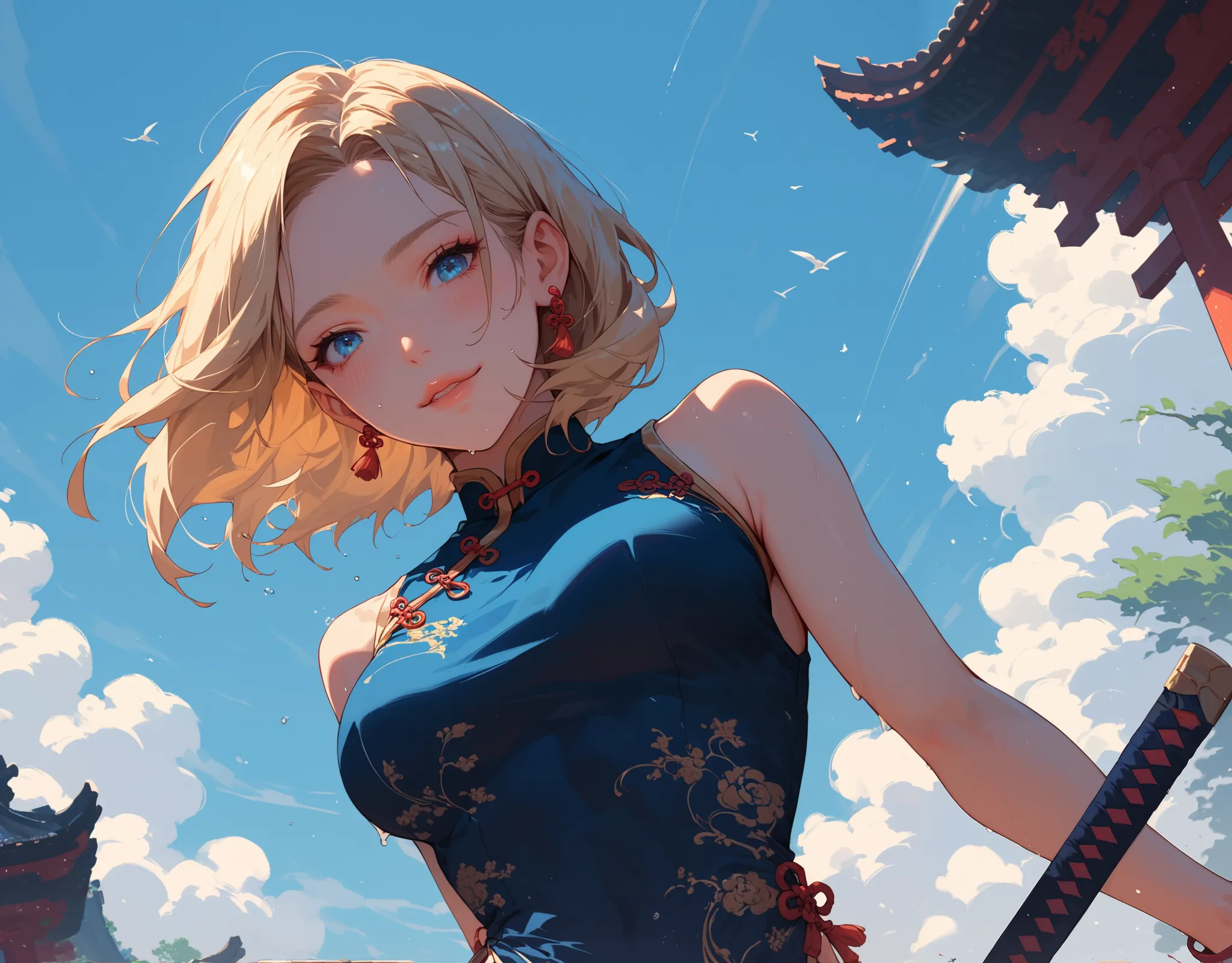 score_9, score_8_up, score_7_up, score_6_up, 1girl, (score_9, score_8_up:1.1), score_7_up, 
medium blonde hair, straight hair, parted hair, blue eyes, pale skin, medium breasts, chinese dress, chinese shoes, earrings, detailed background, chinese temple, s...