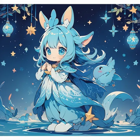 fantasy creature, cute, colorful、The hands and feet are in a lovely shape、A unique creature with a star and a blue rabbit as a motif、