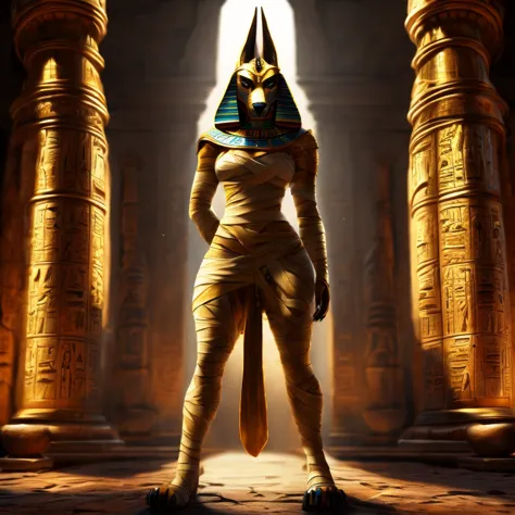 Realistic Anthropomophic Jackel,wearing bandages armor,standing in a pyrimid tomb

1.3,masterpiece,highly detailed,8k resolution,solo,ultra detailed perfect piece,masterpiece,extremely detailed CG 8k,very fine 8K CG,best quality,absurdres,zoomed out view,f...