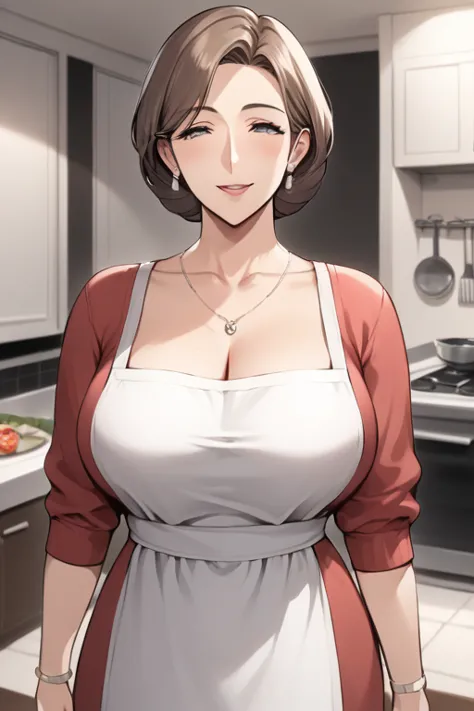  score_9, score_8_up, score_7_up,  source_Anime,safe, nsfw，  uncensored ，(masterpiece), (Gorgeous curvy Mature Woman), mature middle aged woman ，Mature Woman，Housewife who has trained sows,  gentle smile，Kind Mother， white apron，wedding ring，long sleeve cu...