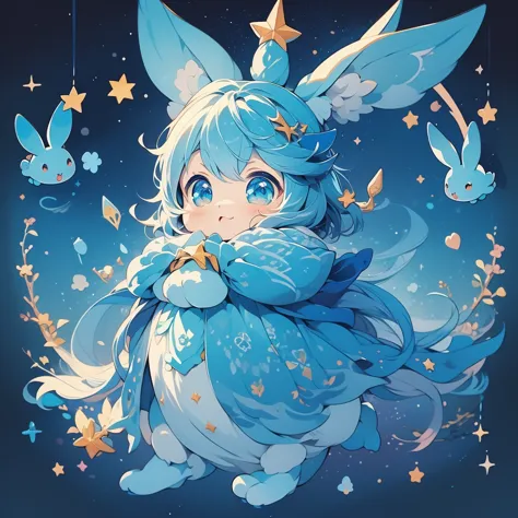 fantasy creature, cute, colorful、The hands and feet are in a lovely shape、A unique creature with a star and a blue rabbit as a motif、