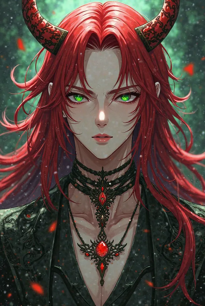 An anime character with long hair and some demon ornaments, his green eyes and a red hair color.