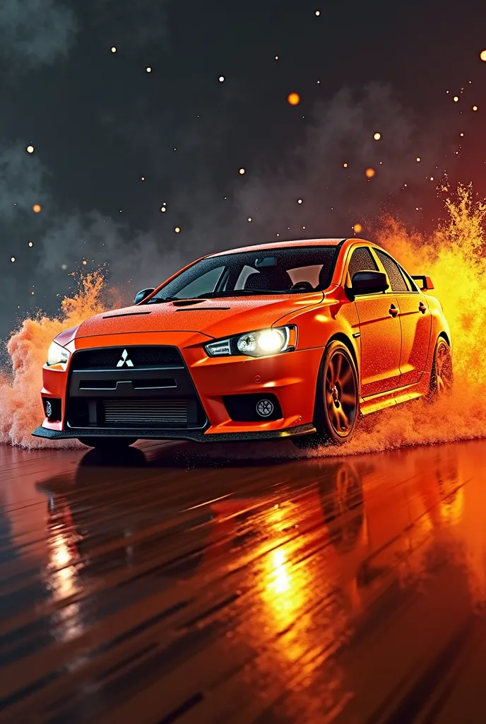 Make me a Mitsubishi Lancer logo include letters "► RΔÝS" In phosphorescent neon orange under the car .When curving at high speed and splashing water