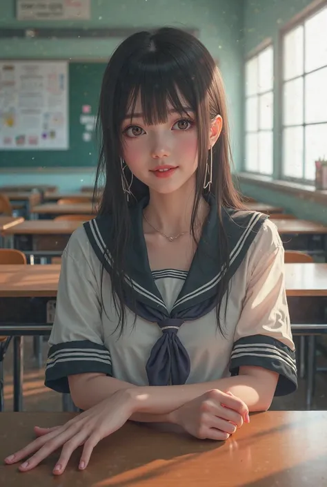 there is a young woman sitting at a desk in a classroom, beautiful anime high school girl, a hyperrealistic schoolgirl, hyperrealistic schoolgirl, japanese school uniform, cute schoolgirl, japanese high school, japanese girl school uniform, realistic schoo...