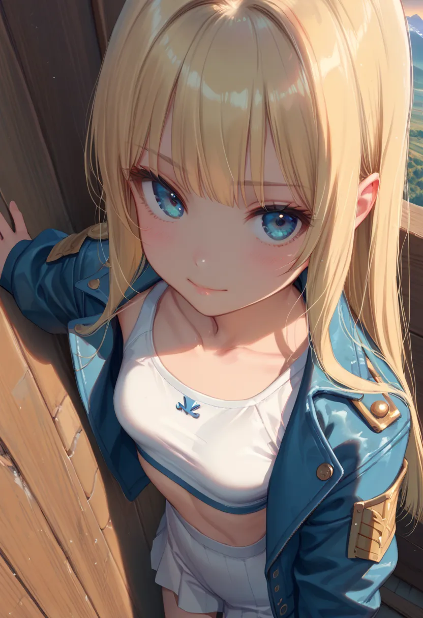 (score_9, score_8_up, score_7_up), 1girl, solo,( blonde hair), blue eyes, long hair, hime cut, long bangs, small breasts, collarbone,  open jacket, white crop top, leather jacket, blue jacket, sunset, leaning on wall, wooden wall, 
( face focus, from above...