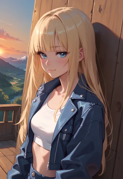 (score_9, score_8_up, score_7_up), 1girl, solo,( blonde hair), blue eyes, long hair, hime cut, long bangs, small breasts, collarbone,  open jacket, white crop top, leather jacket, blue jacket, sunset, leaning on wall, wooden wall, 
( face focus, close-up:1...