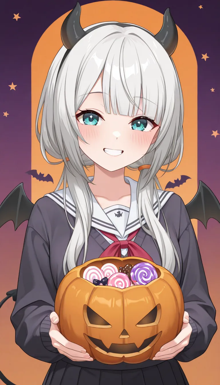 High school girl, uniform, bobbed hair, gray hair color, Halloween, smiling.