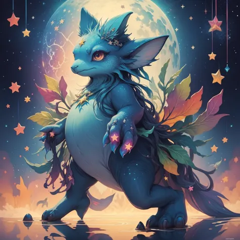 fantasy creature, cute, colorful、The hands and feet are in a lovely shape、A unique creature with a star as a motif、