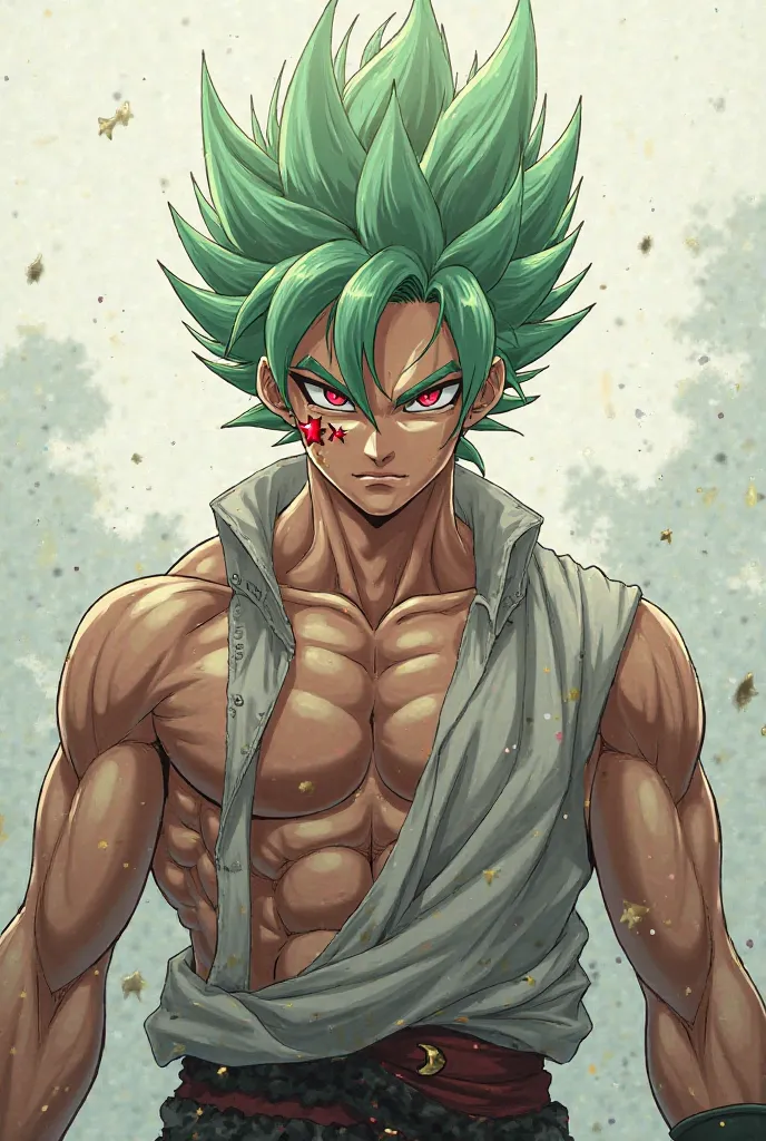 A male anime character with light green hair and pointed hair,and red eyes and two star marks on his face and his body is muscular 