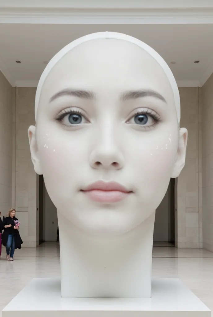 ((( disembodied head statue display))) giant statue of a woman's head is on display at the museum, look up front view