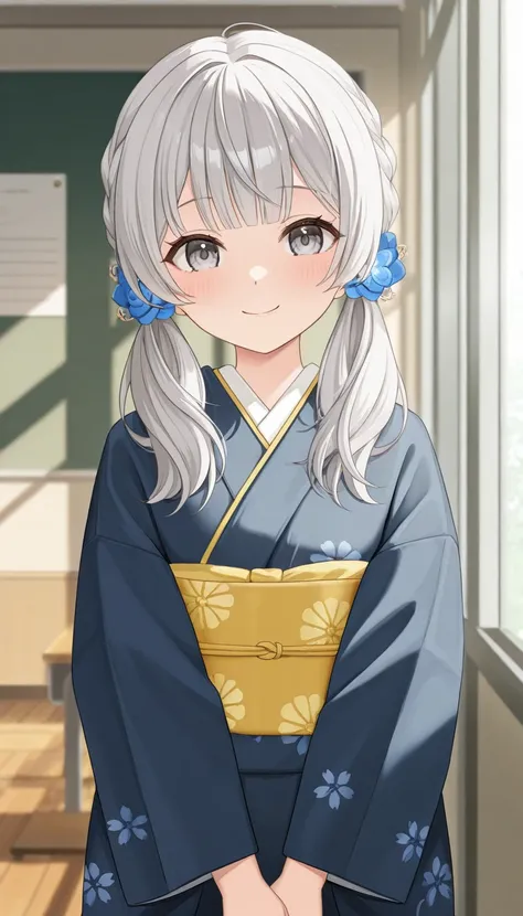 High school girl, kimono, bobbed hair, gray hair color, first visit to school, smiling