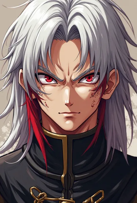 A Dragon Ball character with white hair and some red hair with red eyes, his hair is shoulder length and a black soldier's clothing, his face is serious and has scars as if they were tear el personaje es masculino 