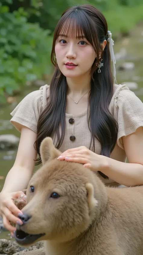 "A charming Japanese woman with delicate features is playfully interacting with a group of Hokkaido brown bears in a peaceful natural setting. She is wearing a cool-toned summer dress, kneeling down gently while engaging with the bears. The atmosphere is s...