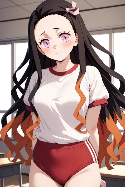 masterpiece,best quality,{{detailed beautiful face and eyes}}, very detailed background,
Nezuko Kamado,{{{megami magazine}}},long hair,multicolored hair,black hair,orange hair,slit pupils, wavy hair,forehead,pink eyes,medium breasts,
gym uniform,red buruma...